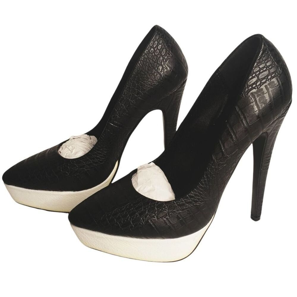 NWOB Tobi Croc Embossed Black Platform Stiletto Heels Pumps Size 38